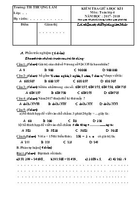 Đề kiểm tra giữa học kì I môn Toán Lớp 4 - Năm học 2017-2018 - Trường Tiểu học Thượng Lâm