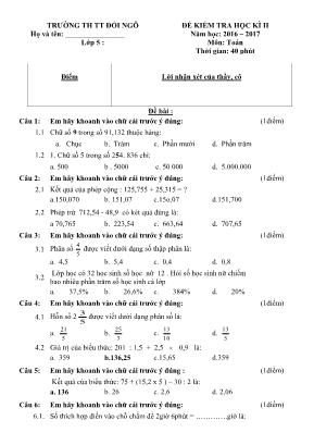 Đề kiểm tra học kì II môn Toán Lớp 5 - Năm học: 2016-2017