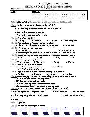 Đề thi cuối kì 1 môn Khoa học Khối 5