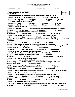Bài kiểm tra học kỳ II môn Tiếng Anh Lớp 12 - Mã 317