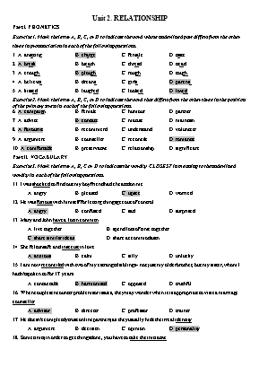 Bài tập môn Tiếng Anh 11 - Unit 2: Relationsh