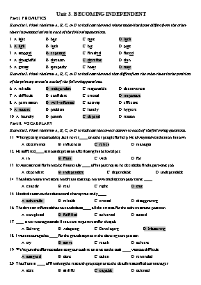 Bài tập môn Tiếng Anh 11 - Unit 3: Becoming Independent