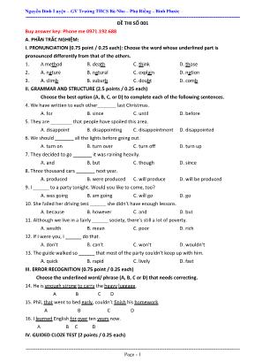 Bộ 70 đề thi vào lớp 10 THPT môn Tiếng Anh Lớp 9 - Nguyễn Đình Luyện