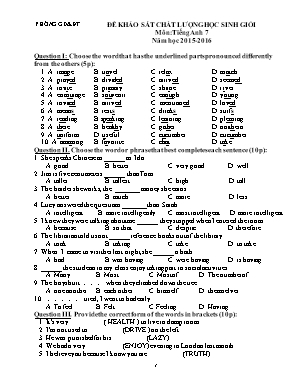 Đề khảo sát chất lượng học sinh giỏi môn Tiếng Anh Lớp 6 - Năm học 2015-2016