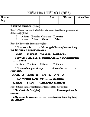 Đề kiểm tra 1 tiết số 1 môn Tiếng Anh Lớp 7 - Đề 5