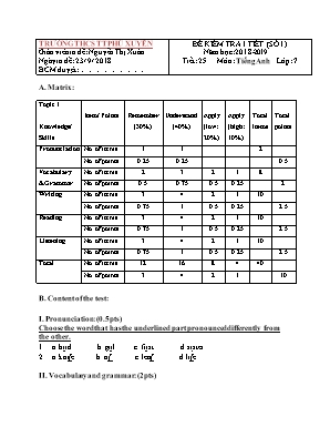 Đề kiểm tra 1 tiết số 1 môn Tiếng Anh Lớp 7 - Năm học 2018-2019 - Nguyễn Thị Xuân