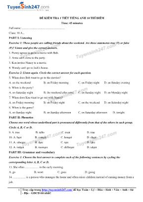 Đề kiểm tra 1 tiết Tiếng Anh 10 thí điểm (Có đáp án)