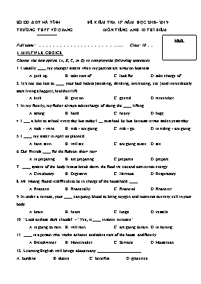 Đề kiểm tra 15 phút môn Tiếng Anh 10 thí điểm - Năm học 2018- 2019 - Trường THPT Vũ Quang