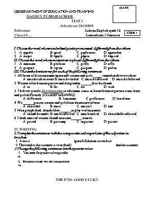 Đề kiểm tra 15 phút số 3 môn Tiếng Anh Lớp 10 - Năm học 2018-2019