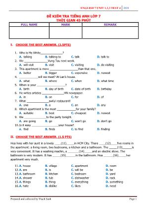 Đề kiểm tra 4 môn Tiếng Anh Lớp 7 - Unit 1,2,3 - Năm 2018