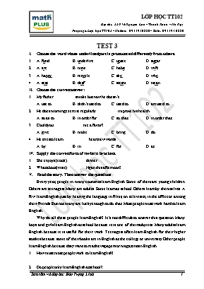 Đề kiểm tra 45 phút lần 3 môn Tiếng Anh Lớp 8 - Đào Trọng Linh