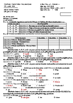 Đề kiểm tra Anh Văn Lớp 7 - Tháng 4 - Năm học: 2017-2018 - Trường THCS Trần Thị Nhượng