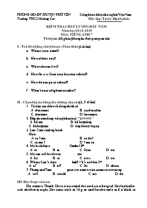 Đề kiểm tra chất lượng đầu năm môn Tiếng Anh 7 - Năm học 2014-2015 - Trường THCS Mường Cơi