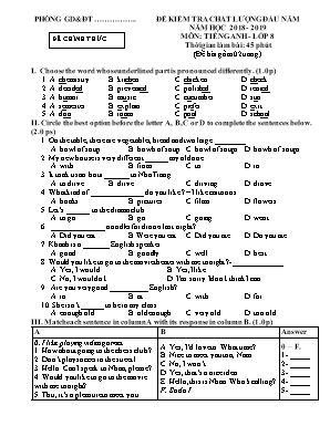 Đề kiểm tra chất lượng đầu năm môn Tiếng Anh Lớp 8 - Năm học 2018-2019