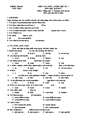 Đề kiểm tra chất lượng học kỳ I môn Tiếng Anh 7 - Năm học 2016-2017