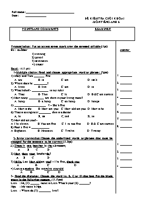 Đề kiểm tra cuối khóa 1 môn Tiếng Anh 6