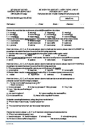 Đề kiểm tra học kỳ I môn Tiếng Anh 10 - Năm học 2017-2018 - Trường THPT Hồng Thái