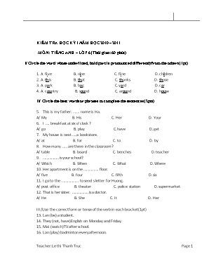 Đề kiểm tra học kỳ I môn Tiếng Anh Lớp 6 - Năm học 2010-2011 - Lê Thị Thanh Trúc