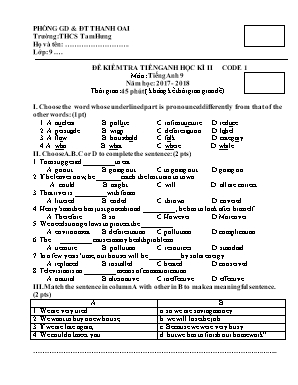 Đề kiểm tra tiếng anh học kì II môn Tiếng Anh 9 - Năm học 2017-2018 - Trường THCS Tam Hưng - Đề 1