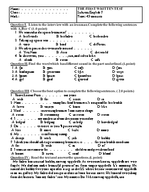 Đề kiểm tra Viết 45 phút số 1 môn Tiếng Anh Lớp 7