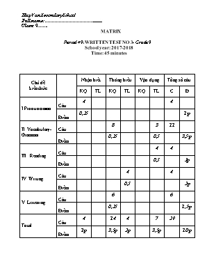 Đề kiểm tra Viết số 3 môn Tiếng Anh Lớp 9 - Năm học 2017-2018