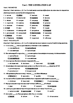 Đề ôn tập môn Tiếng Anh 11 - Unit 1: The generation gap (Có đáp án)