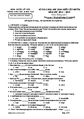 Đề thi chọn học sinh giỏi cấp huyện môn Tiếng Anh 7 - Năm học 2012-2013