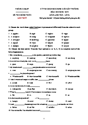 Đề thi chọn học sinh giỏi cấp trường môn Anh Văn Lớp 6 - Năm học 2018-2019