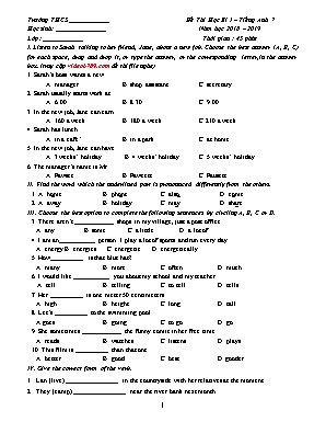 Đề thi học kì I Tiếng Anh 7 - Năm học 2018-20