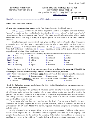 Đề thi học kỳ 2 môn Tiếng Anh 10 - Năm học 2017-2018 - Mã đề 137