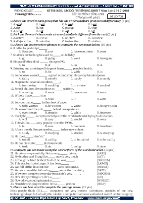 Đề thi khảo sát chất lượng các đội tuyển học sinh giỏi môn Tiếng Anh Khối 7 - Năm học 2017-2018 - Đề số 708