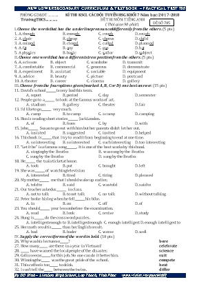 Đề thi khảo sát chất lượng các đội tuyển học sinh giỏi môn Tiếng Anh Khối 7 - Năm học 2017-2018 - Đề số 705