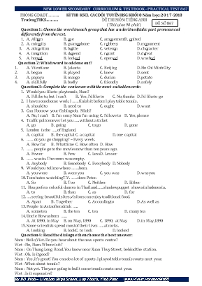 Đề thi khảo sát chất lượng các đội tuyển học sinh giỏi môn Tiếng Anh Khối 8 - Năm học 2017-2018 - Đề số 867