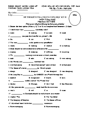 Đề thi kiểm tra chất lượng học kỳ II môn Tiếng Anh Lớp 8 - Năm học 2017-2018