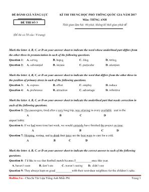 Đề thi kỳ thi trung học phổ thông quốc gia môn Tiếng Anh - Năm 2017 - Đề thi số 3