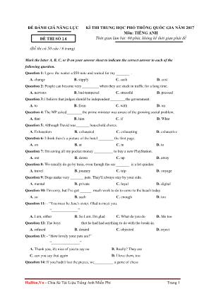 Đề thi kỳ thi trung học phổ thông quốc gia môn Tiếng Anh - Năm 2017 - Đề thi số 14