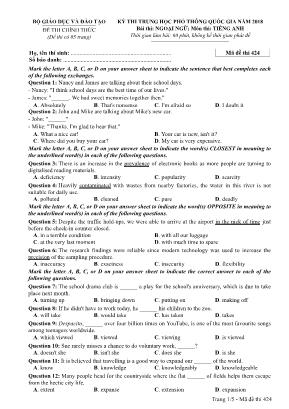 Đề thi kỳ thi Trung học Phổ thông Quốc gia môn Tiếng Anh - Năm 2018 - Mã đề thi 424