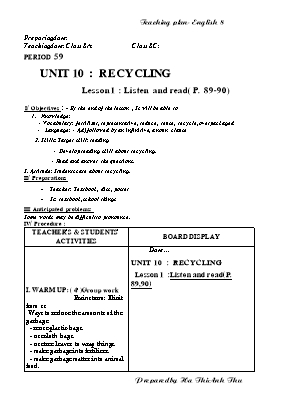 Kế hoạch dạy học Tiếng Anh 8 - Unit 10: Recycling