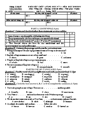 Đề khảo sát chất lượng học kỳ I môn Tiếng Anh 8 - Năm học 2018-2019