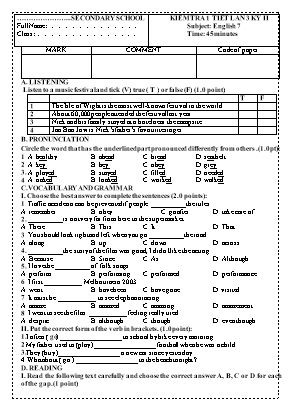 Đề kiểm tra 1 tiết lần 3 kỳ II môn Tiếng Anh Lớp 7 - Đề 2