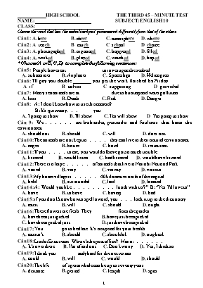 Đề kiểm tra 45 phút lần 3 môn Tiếng Anh Lớp 10