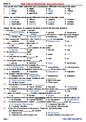 Đề kiểm tra 45 phút môn Tiếng Anh 12 (Có đáp 