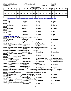 Đề kiểm tra 45 phút số 1.2 học kì 2 môn Tiếng Anh Lớp 10 - Năm học 2017-2018