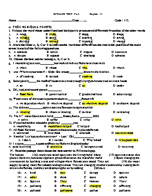 Đề kiểm tra 45 phút số 4 môn Tiếng Anh Lớp 11 - Mã đề 112