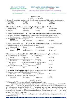 Đề kiểm tra chất lượng lớp Chuyên đề môn Tiếng Anh Khối 10 - Năm học 2017-2018 - Chuyên đề 16 - Đỗ Bình