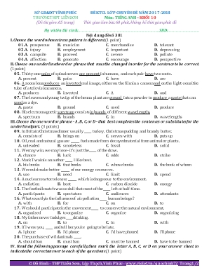 Đề kiểm tra chất lượng lớp Chuyên đề môn Tiếng Anh Khối 10 - Năm học 2017-2018 - Chuyên đề 01 - Đỗ Bình