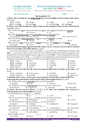 Đề kiểm tra chất lượng lớp Chuyên đề môn Tiếng Anh Khối 11 - Năm học 2017-2018 - Đề số 341