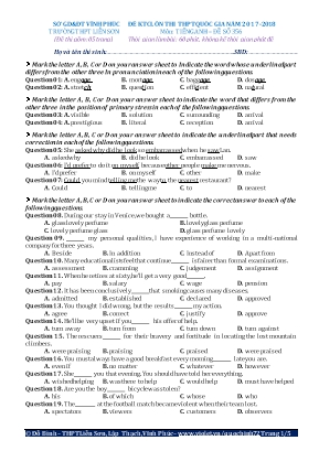 Đề kiểm tra chất lượng ôn thi THPT Quốc gia môn Tiếng Anh Lớp 12 - Năm học 2017-2018 - Đề số 356