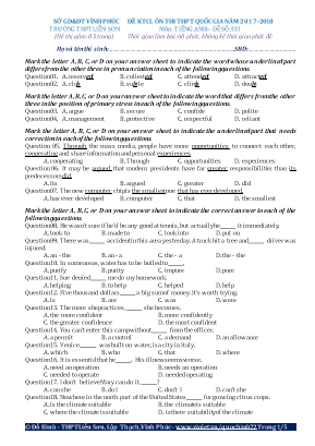 Đề kiểm tra chất lượng ôn thi THPT Quốc gia môn Tiếng Anh Lớp 12 - Năm học 2017-2018 - Đề số 333
