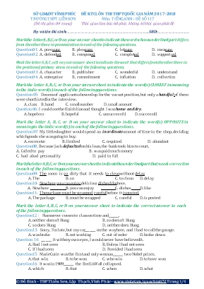 Đề kiểm tra chất lượng ôn thi THPT Quốc gia môn Tiếng Anh Lớp 12 - Năm học 2017-2018 - Đề số 117